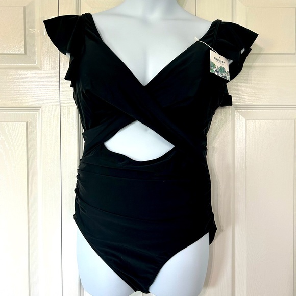 B2PRITY Black One Piece Cut Out V neck Ruffle V back Swim Suit Size 2XL Black - Picture 2 of 12